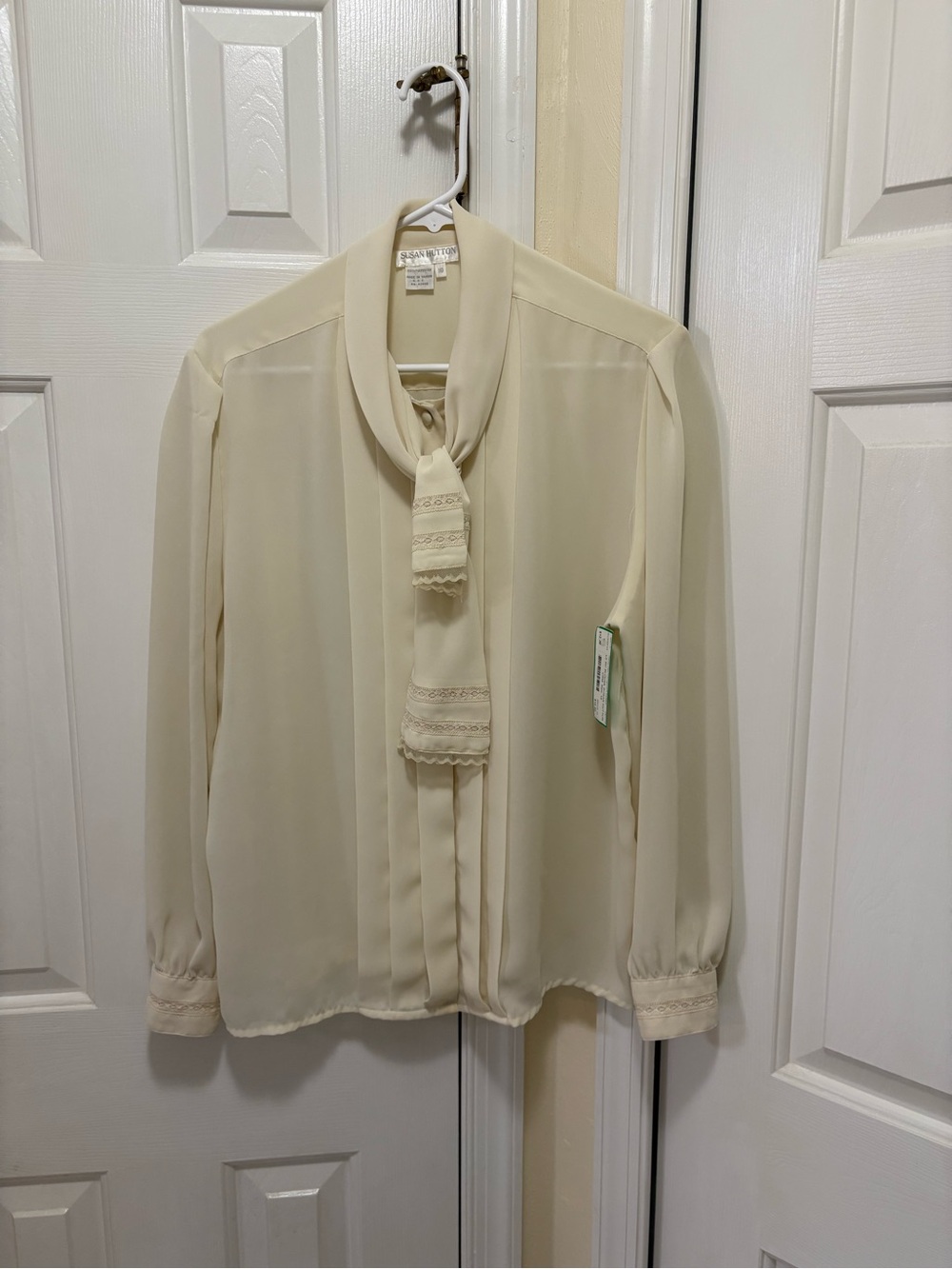Tie-Neck Cream Blouse with Lace Trim